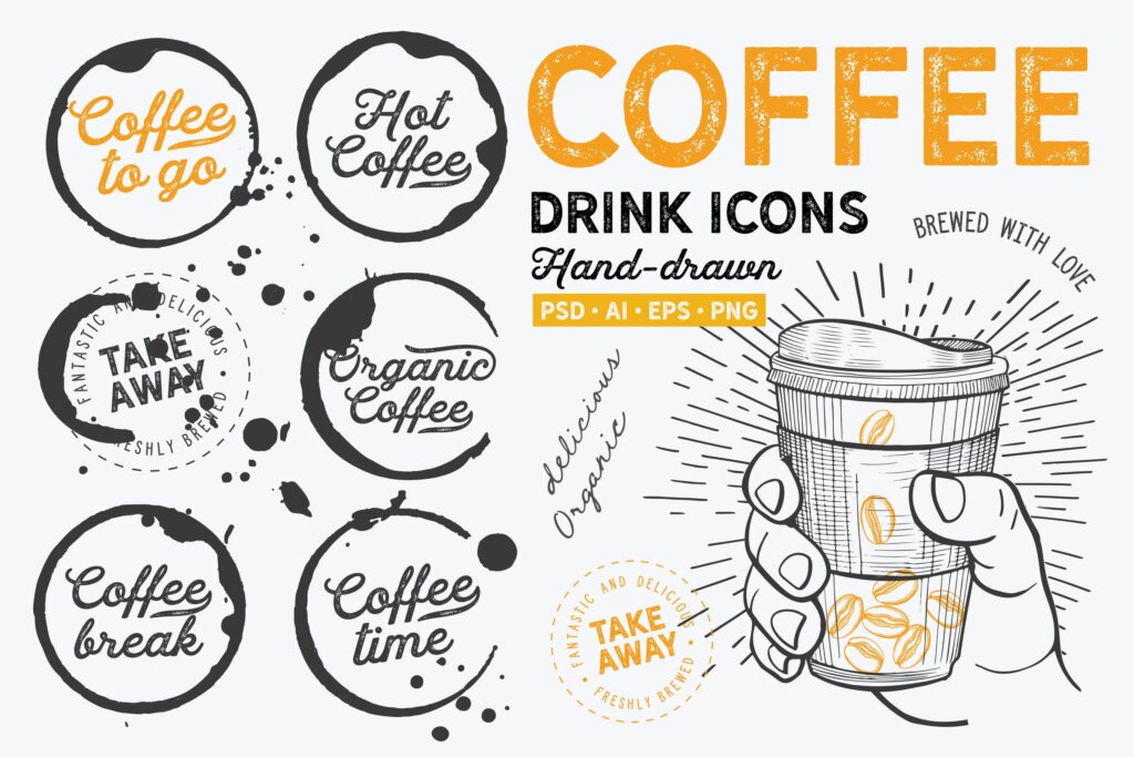 黑白手绘外卖咖啡手绘元素的咖啡店/菜单模板素材下载Coffee To Go Hand Drawn Graphic