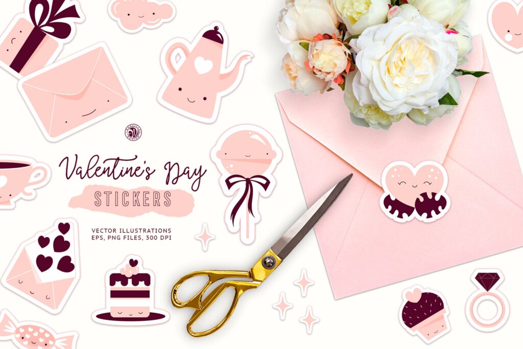 情人节贴纸插图装饰图案/婚礼请柬装饰图案纹理素材Cute Valentines Day Stickers