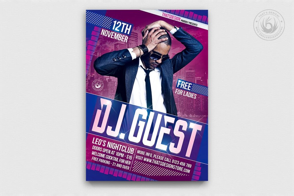 现代简约设计文艺背景摇滚音乐海报传单模板素材下载DJ Guest Flyer Template V1
