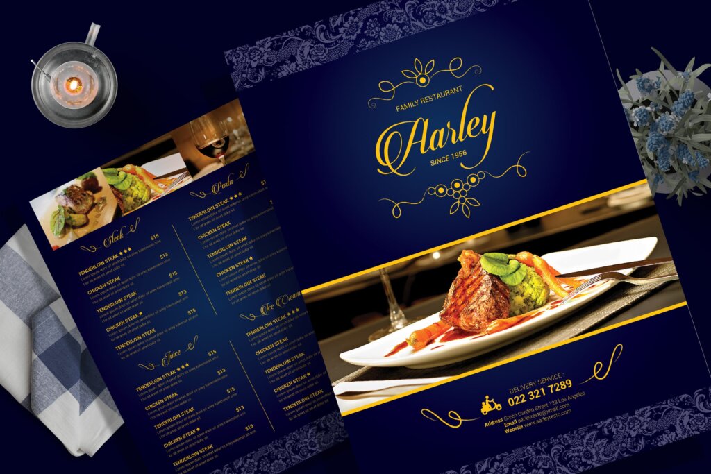 优雅餐厅西餐厅牛排西餐料理菜单传单模板素材下载Elegant Restaurant Menu Flyer