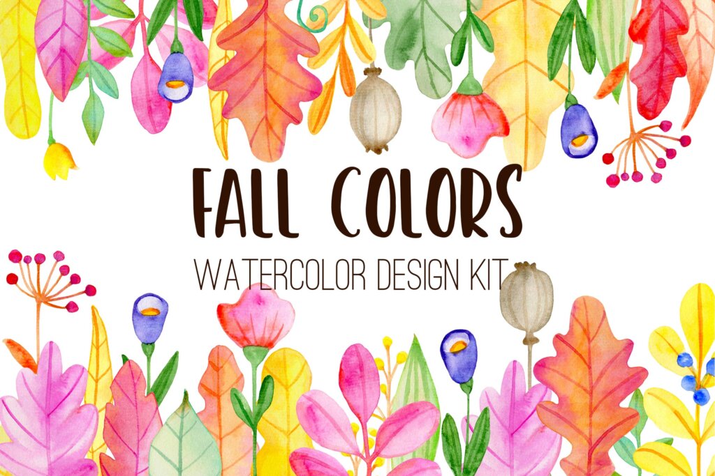 手绘水彩秋季花卉图形元素装饰图案纹理下载Fall Colors Watercolor Design Kit