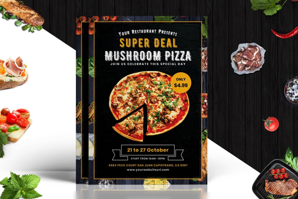 披萨店活动促销季节互动传单海报模板素材下载Fast Food Pizza Promotion Flyer