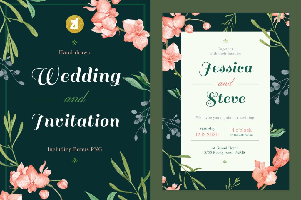 绿色兰花手绘水彩与花饰海报传单模板Floral Hand drawn Watercolor Wedding Invitation BU27K7S