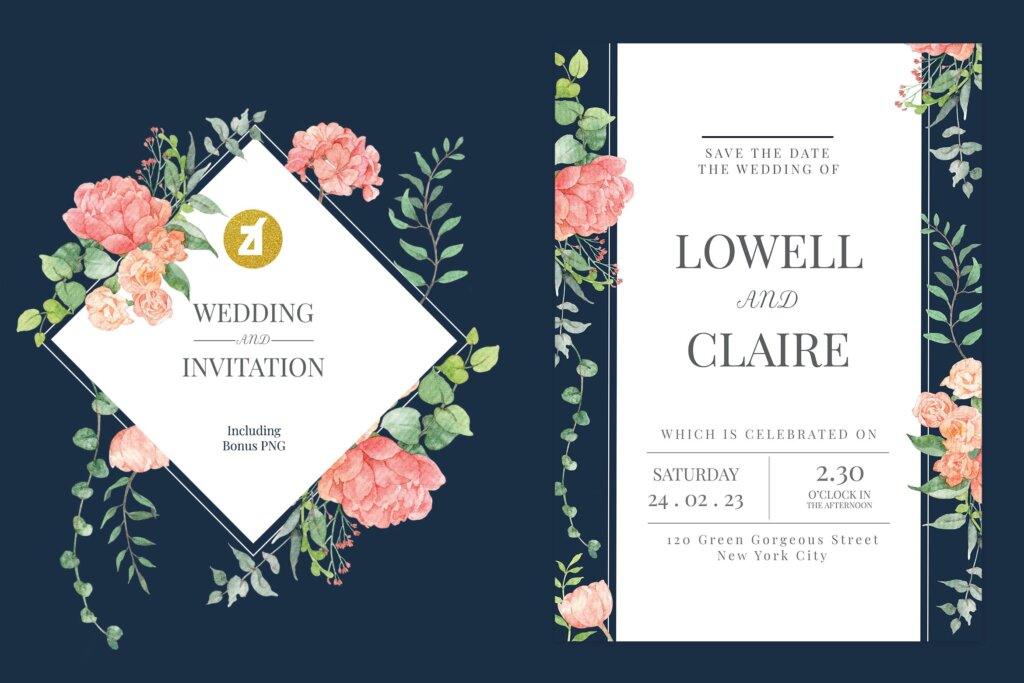 混合鲜花手绘水彩婚礼请柬邀请函海报模板素材Floral Hand-drawn Watercolor Wedding Invitation 6EKEBSH