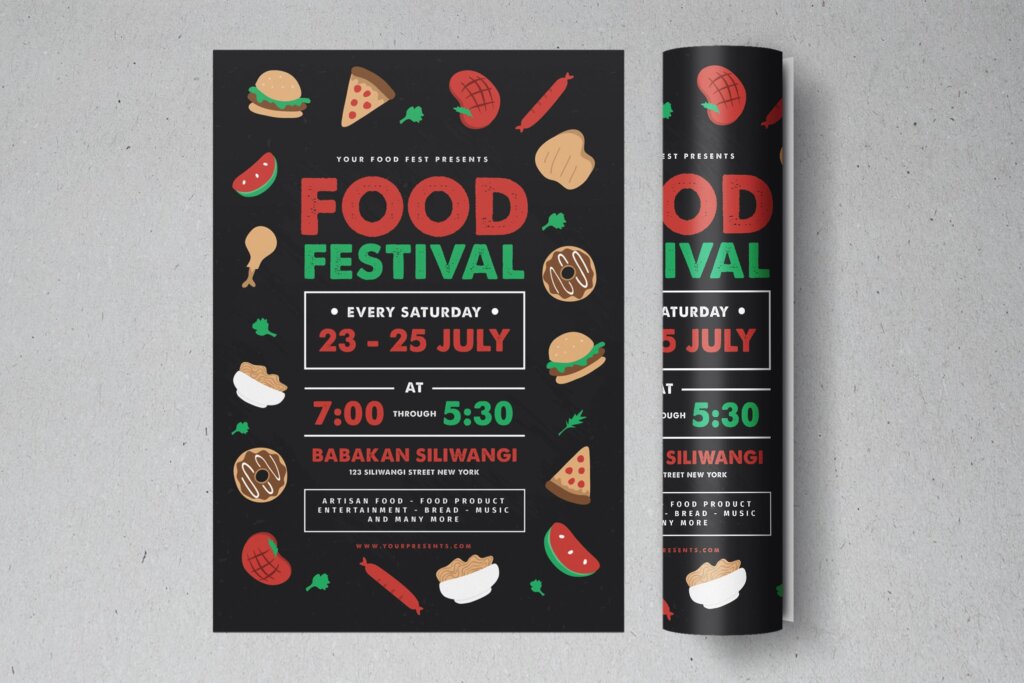 美食节传单扁平化插画素材模板下载Food Festival Flyer FZ74JG