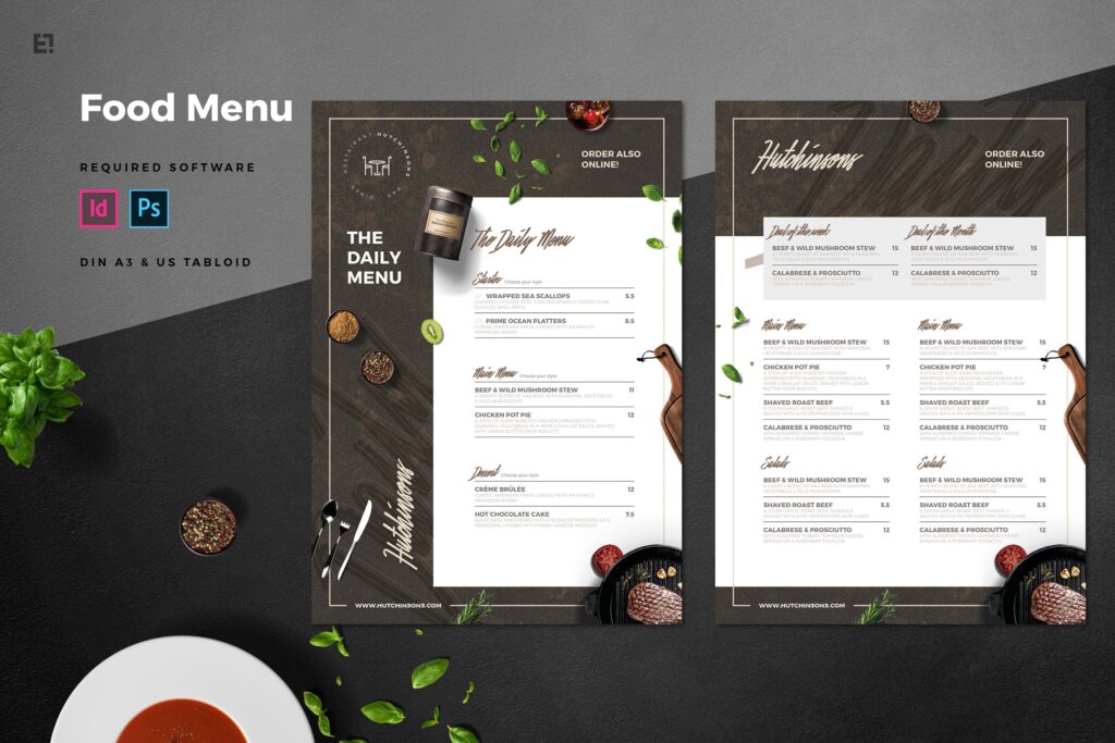 高端西餐厅食物和餐厅菜单模板素材下载Food Menu WNDRBV