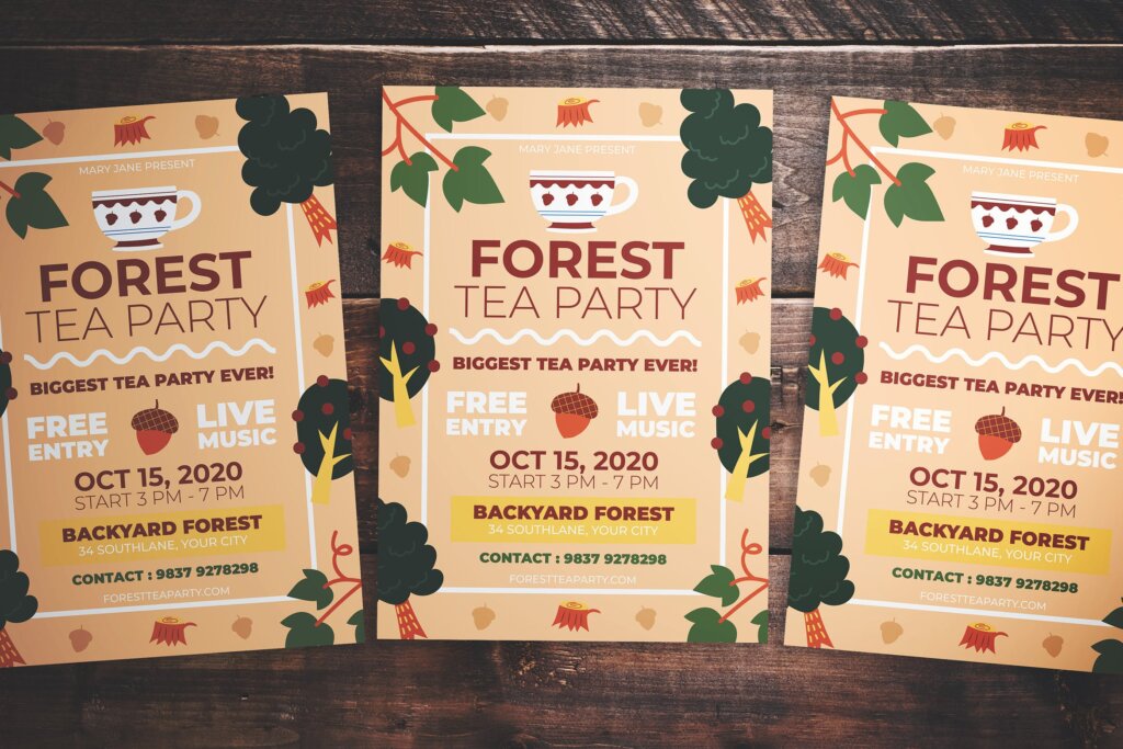 森林茶话会传单海报传单模板素材下载Forest Tea Party Flyer