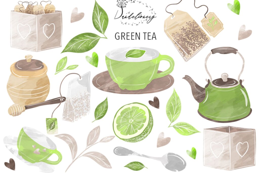 水彩手绘绿茶品牌装饰图案纹理素材下载Green Tea design