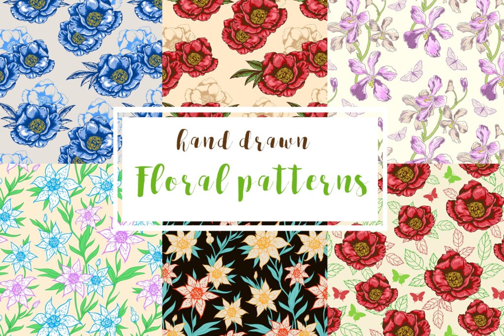 手绘花卉矢量装饰图案素材纹理下载Hand Drawn Floral Patterns