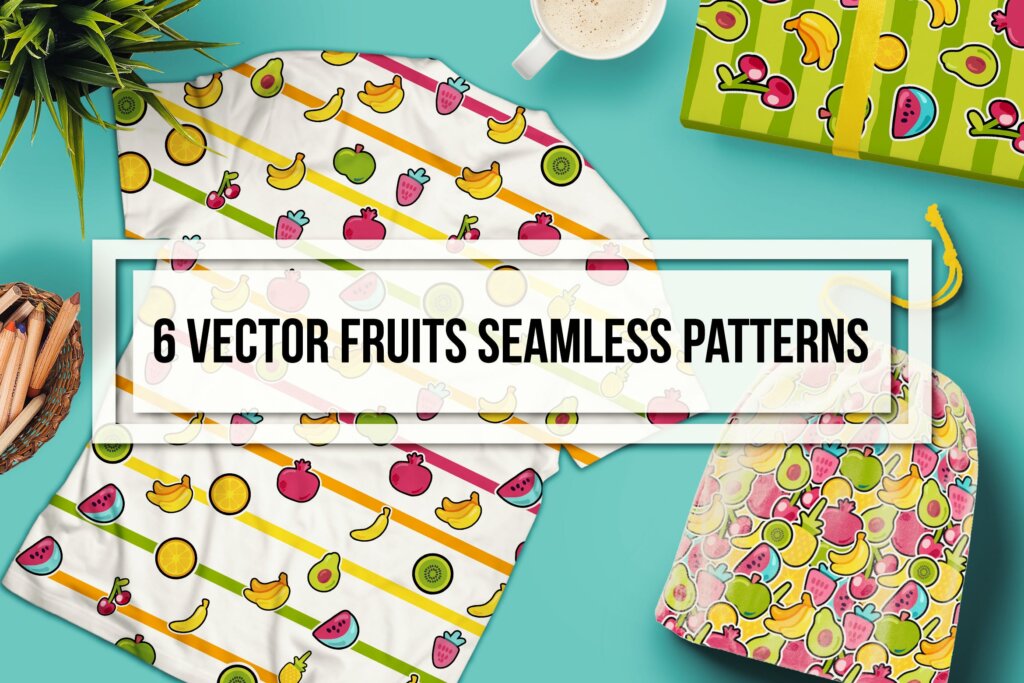 水果系列插图素材背景图案下载Happy Fruits Seamless Patterns