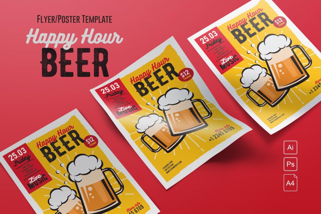 欢乐时光派对啤酒海报传单模板素材Happy Hour Beer