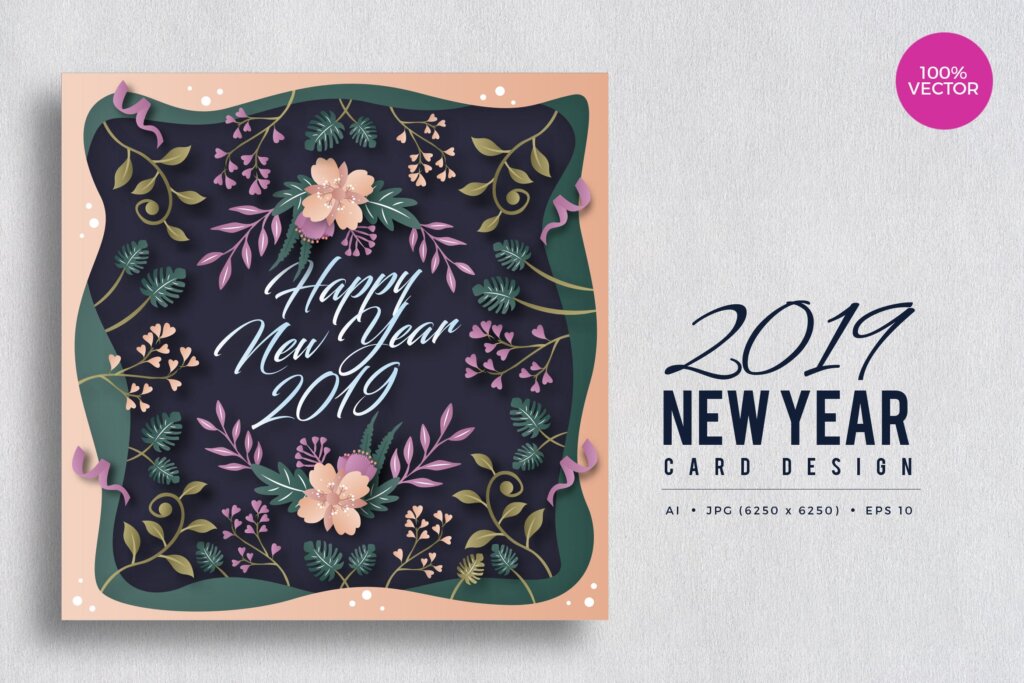 新年彩纸艺术卡片装饰图案素材模板Happy New Year 2019 Floral Vector Card Vol.2