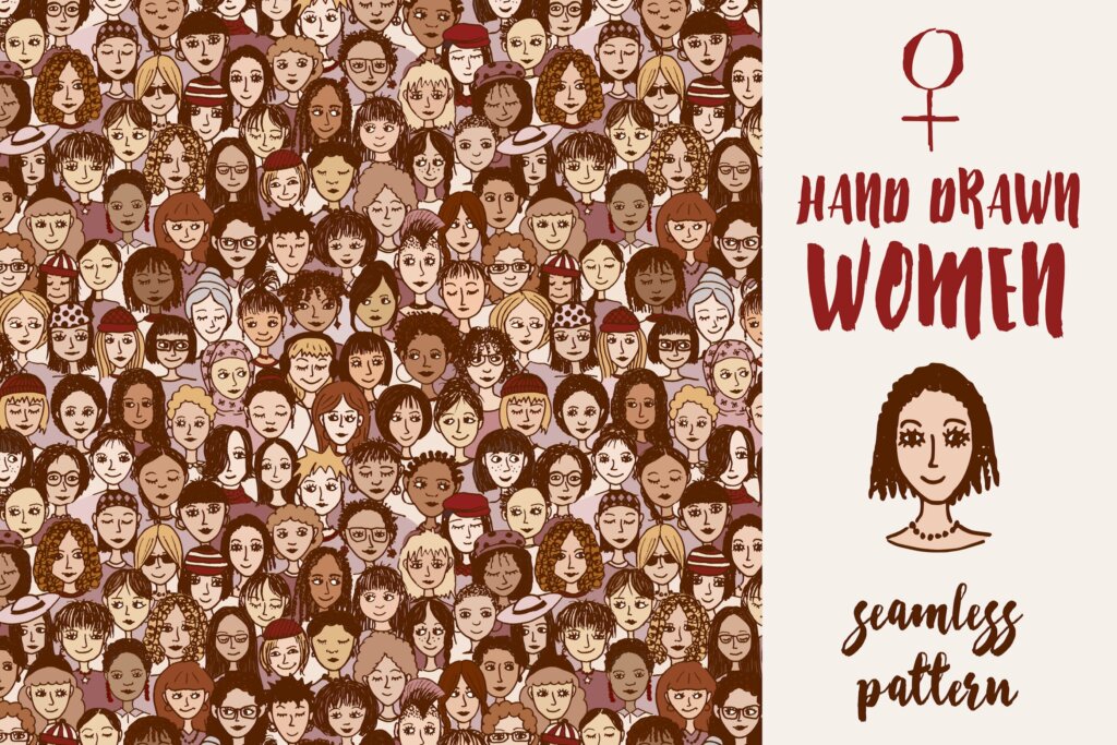 手绘矢量图案女性涂鸦装饰图案纹理素材Happy Women Seamless Hand Drawn Pattern插图