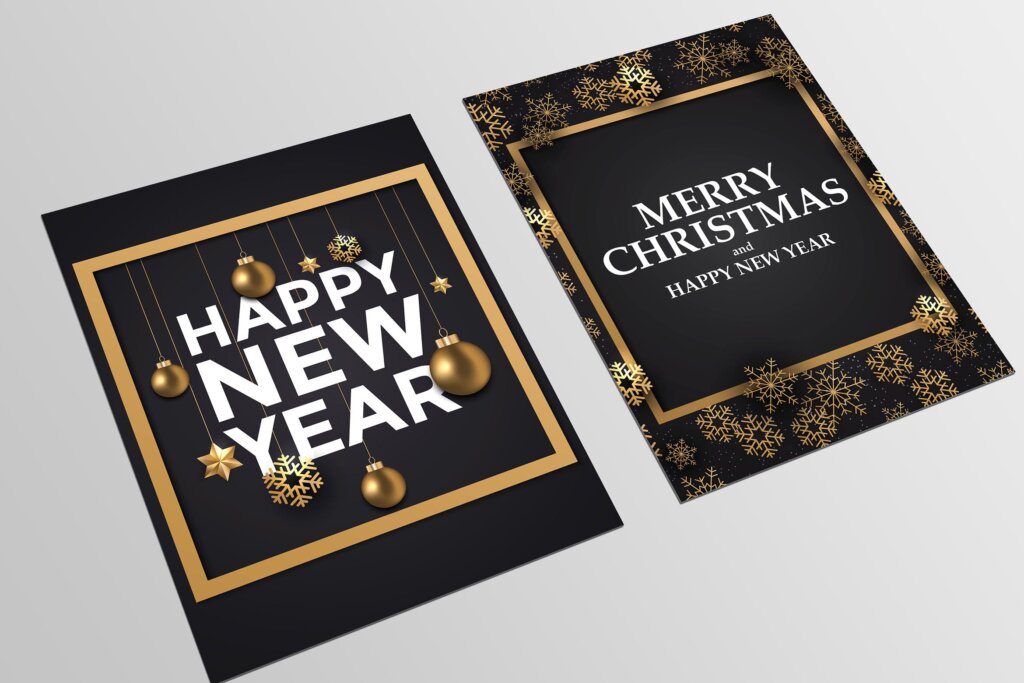 新年贺卡广告宣传单模板素材下载Holiday New Year card with golden ornaments