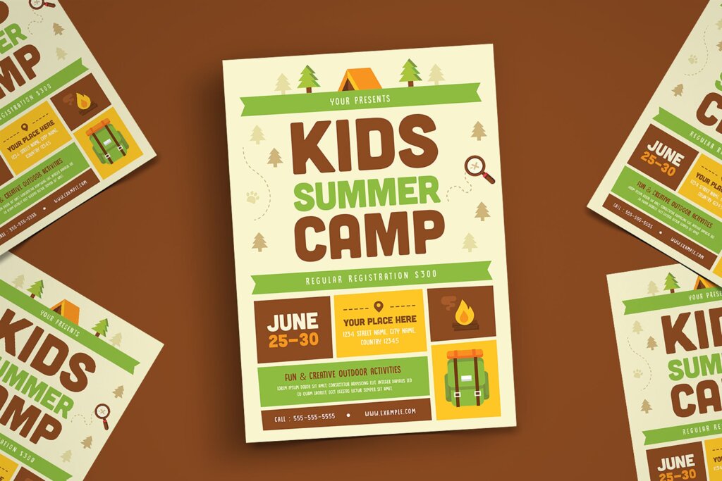 矢量森林插图儿童夏令营传单海报模板素材下载Kids Summer Camp Flyer 02