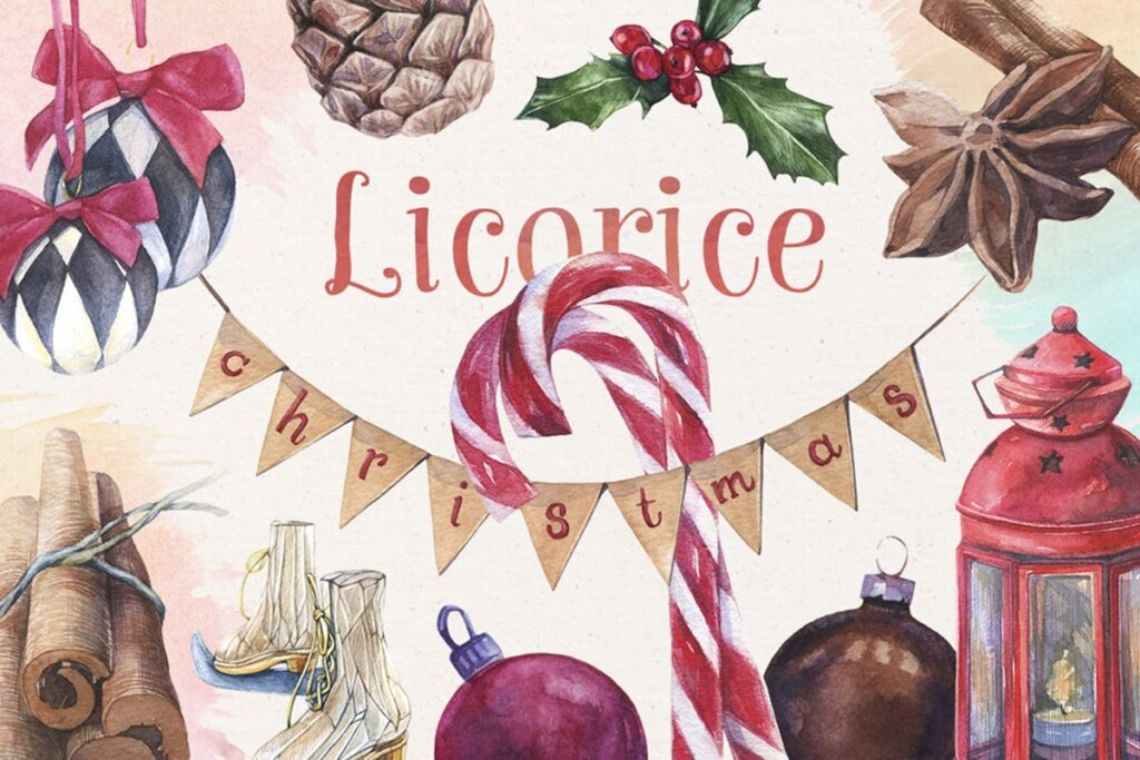 甘草圣诞水彩画装饰图案纹理/圣诞节周边产品素材Licorice Christmas Watercolor Kit
