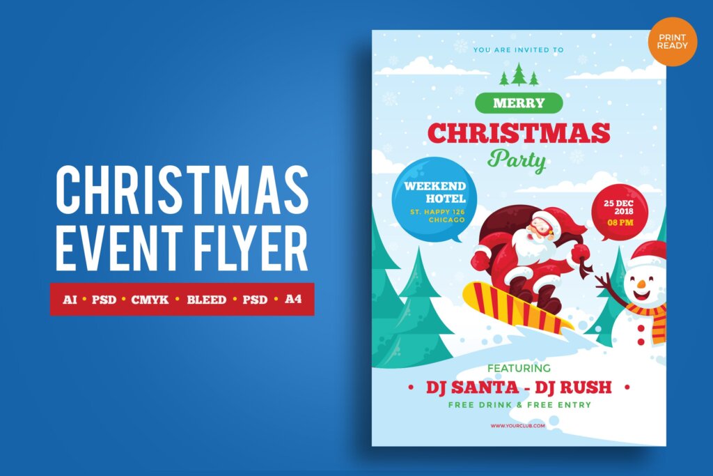圣诞节矢量插画风格海报传单模版素材Merry Christmas Event Flyer PSD and Vector Vol 1