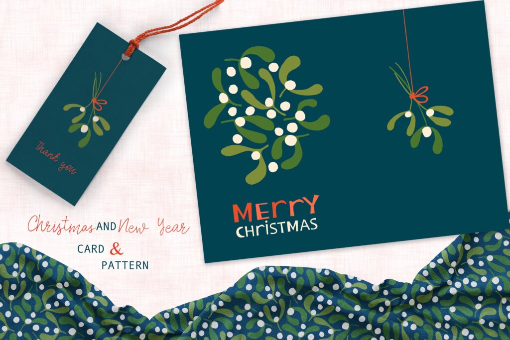 槲寄生贺卡和图案装饰图案纹理素材下载Mistletoe Greeting Card and Pattern