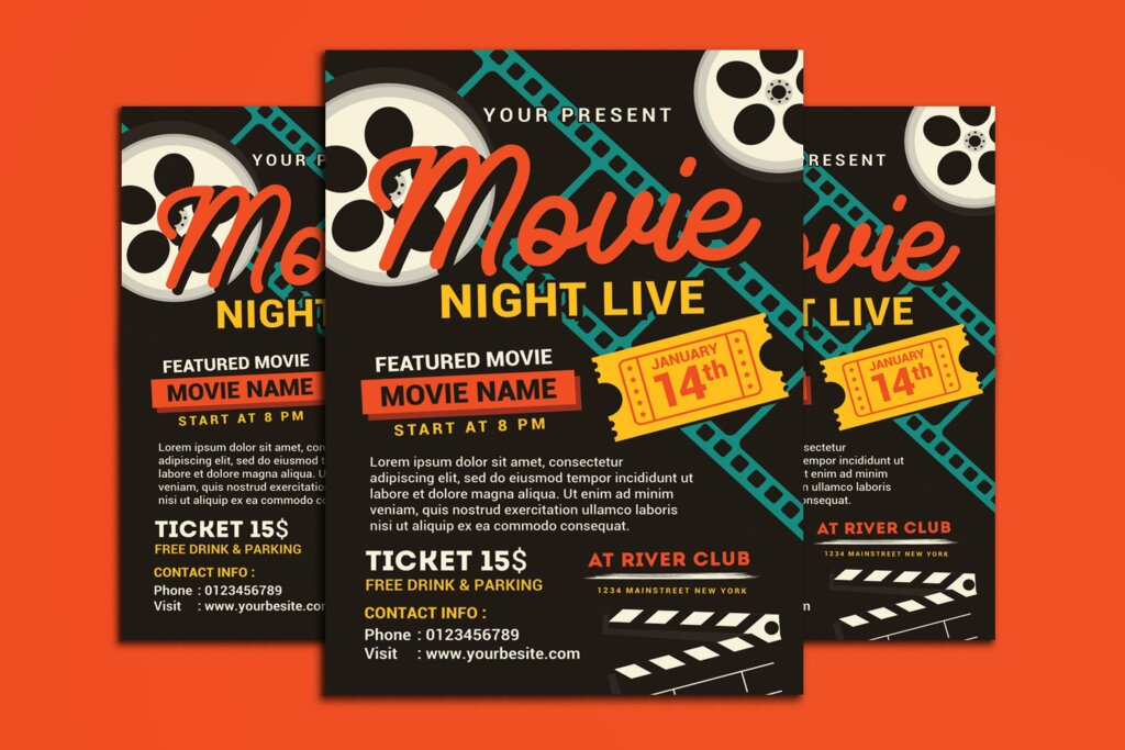 电影节日互动传单海报模版素材呀 Movie Night Movie Time Flyer
