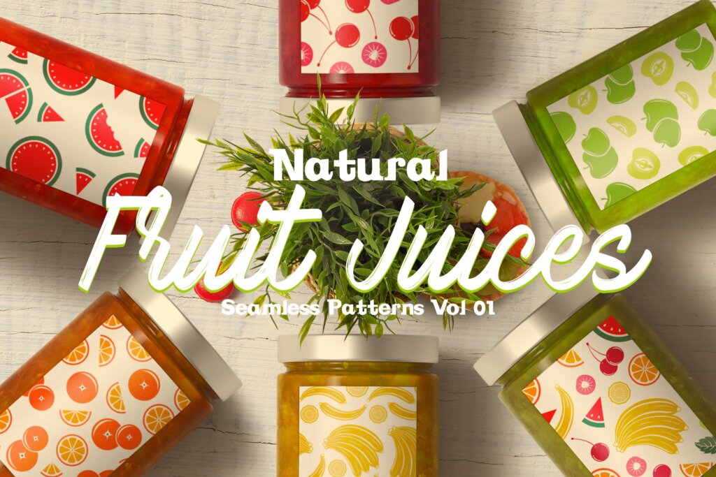 壁纸装饰图案水果罐头装饰图案纹理素材模版下载Natural Fruit Juices Seamless Patterns Vol1