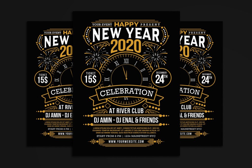 新年派对庆祝黑色主题海报传单模板素材New Year 2020 Party Celebration