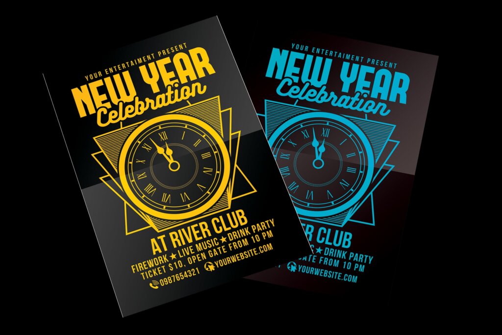 线性插图新年快乐传单海报模板素材New Year Party Celebration ALVLWW