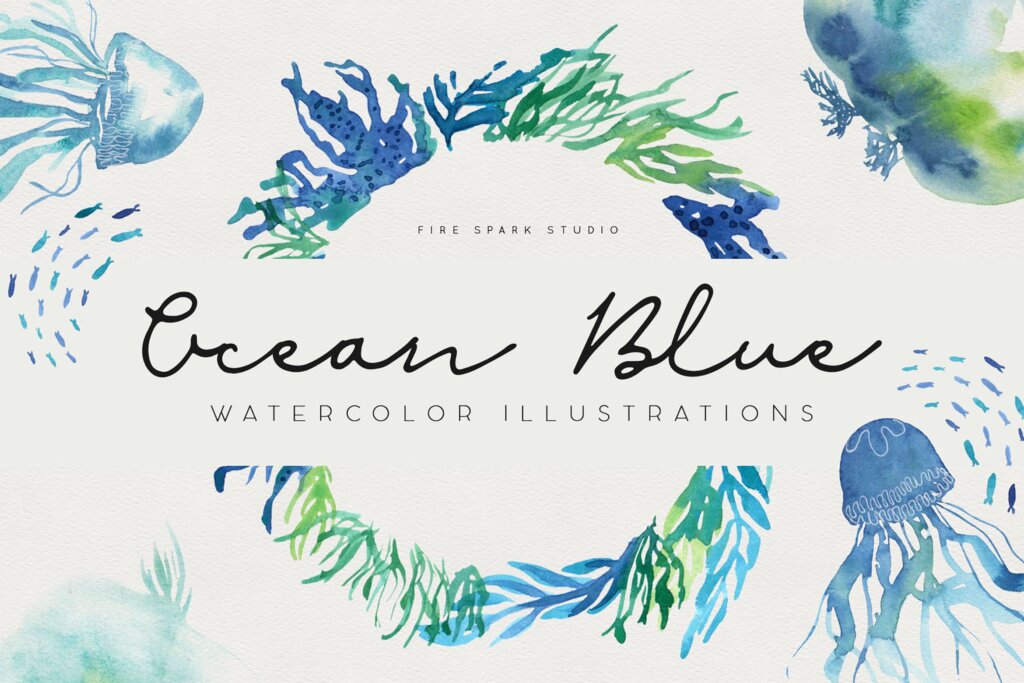 海洋动植物/海鲜品牌包装装装饰图案纹理素材Ocean Blue Watercolor Illustrations
