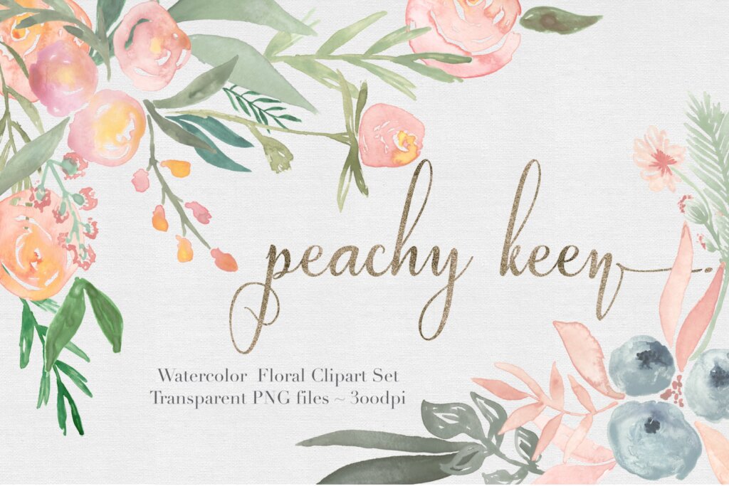 20个独立手绘花卉叶子图案纹理素材Peachy Keen Watercolor clipart Set