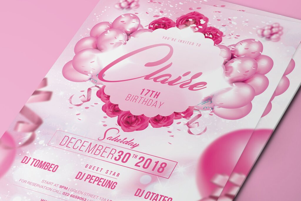 爱心活动传播海报传单模版素材Pink Birthday Party Flyer Invitation