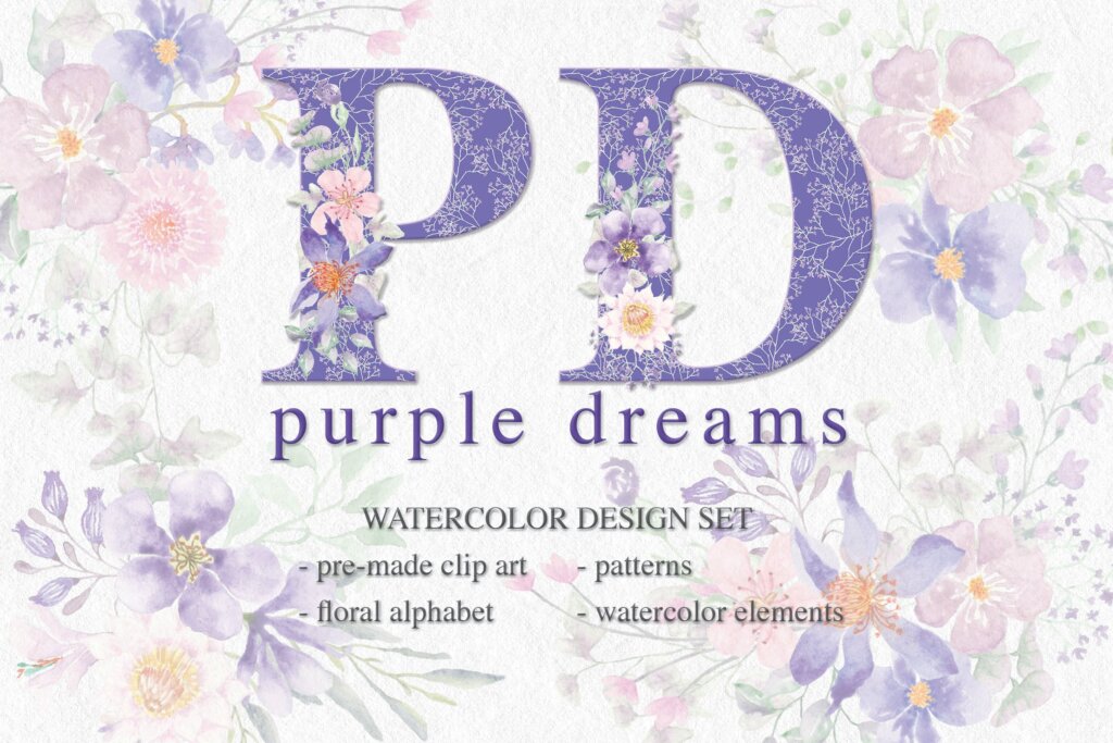 紫色水彩梦幻花朵/服装装饰图案装饰图案纹理素材下载Purple Dreams Watercolor Design Set
