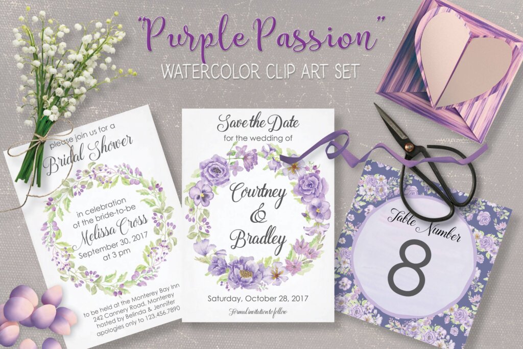 婚礼邀请函紫色手绘水彩花纹图案下载Purple Passion: Watercolor Clip Art Bundle