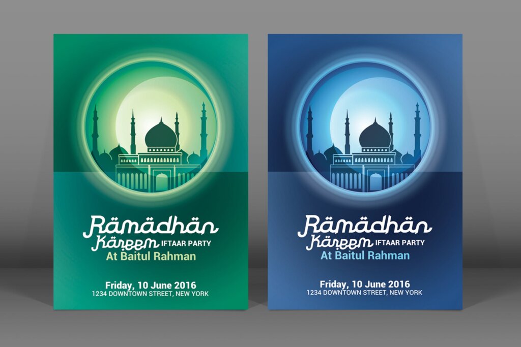 渐变插画场景宗教活动礼佛活动派对传单海报模版素材Ramadan Kareem Iftaar Party Flyer插图