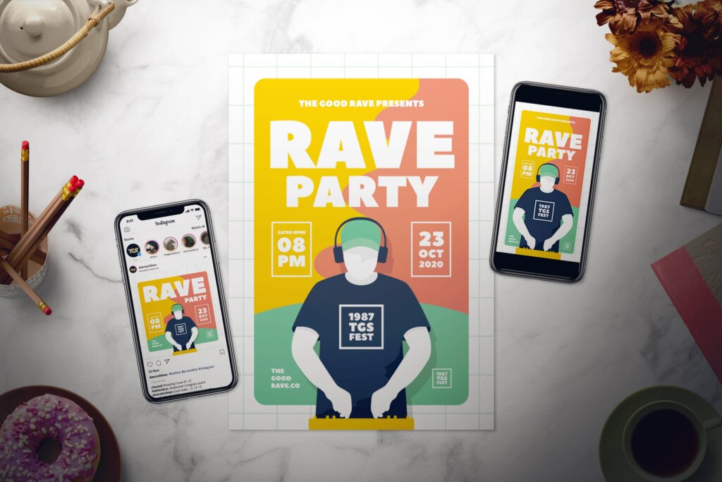 矢量插图狂欢派对传单Rave Party Flyer Set