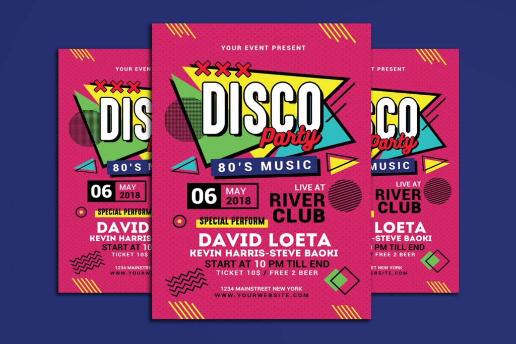 几何背景图案摇滚音乐海报传单模板素材下载Retro Music Disco Party