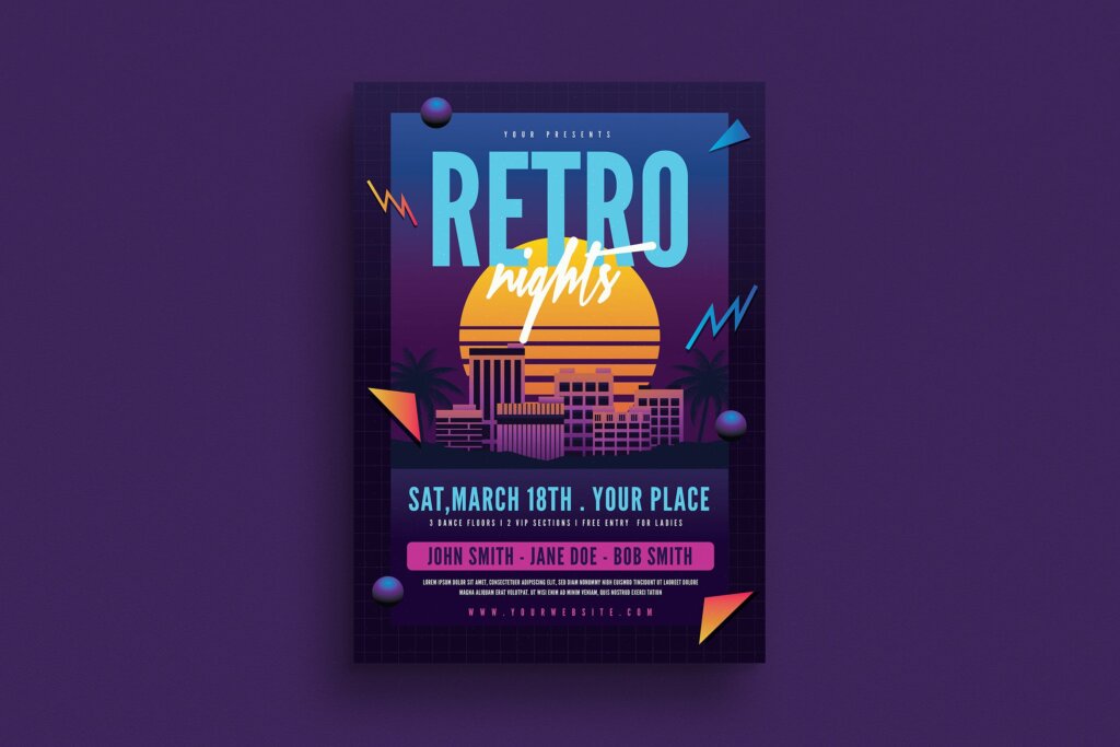 矢量插图素材模版素材下载Retro Night 80s Flyer