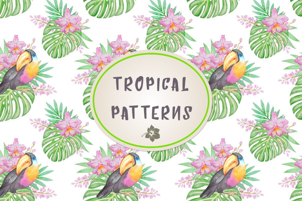 12个夏季热带水彩画鲜花/树叶/鸟类Set of Tropical Patterns