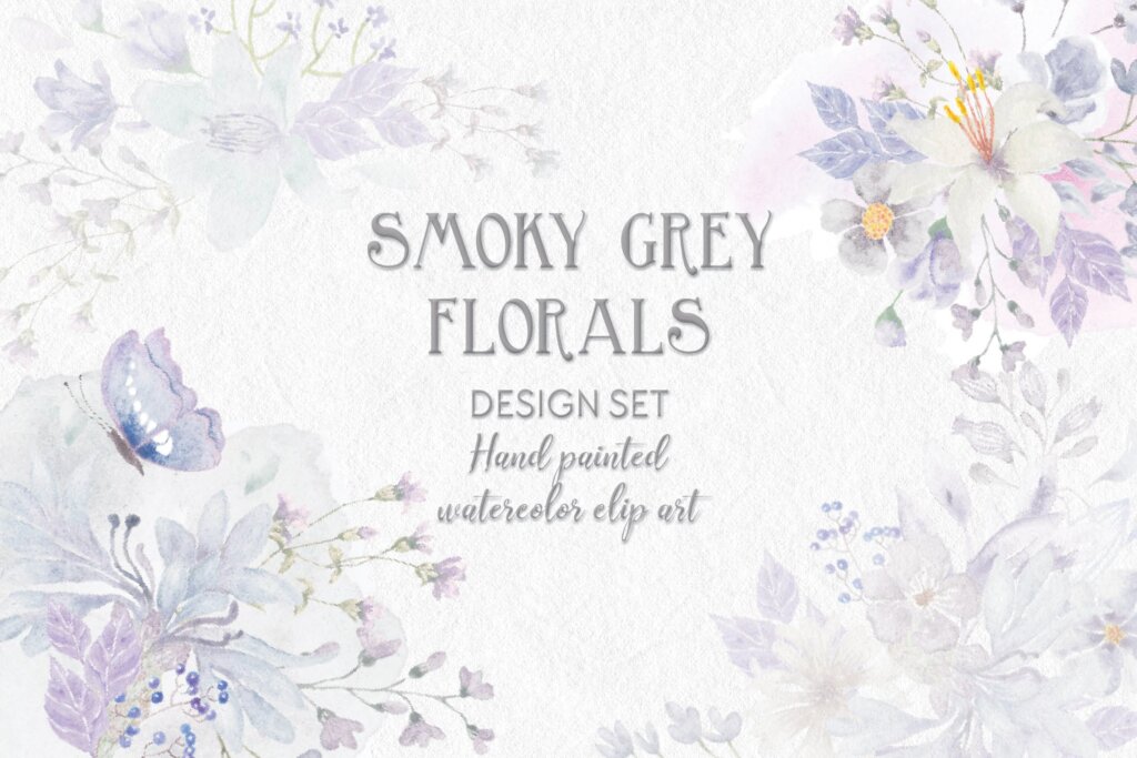 紫色花卉水彩/礼品包装盒装饰图案素材Smoky Grey Florals Watercolor Design Set