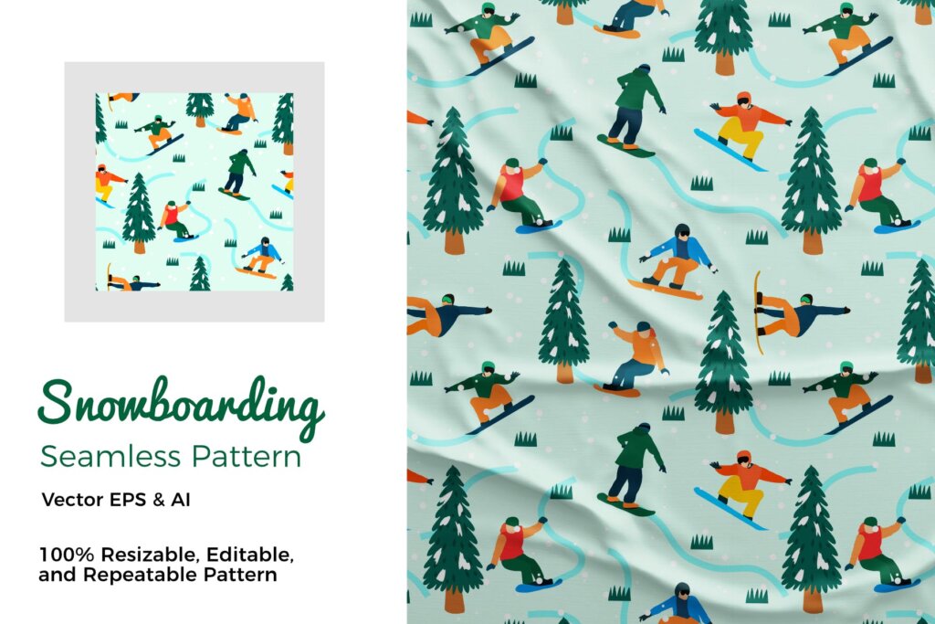 冬季滑雪场景装饰图案纹理/服装装饰图案纹理素材Snowboarding Pattern K6XCBF4