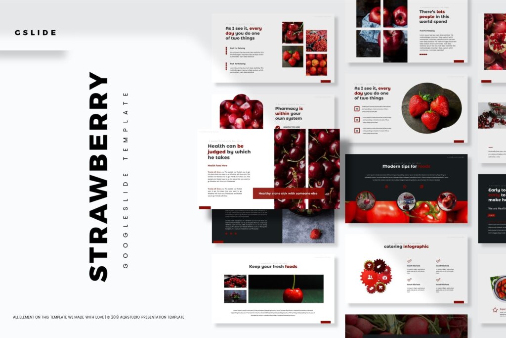 水果概念主题市场销售数据幻灯片模板素材幻灯片Strawberry Google Slides Template