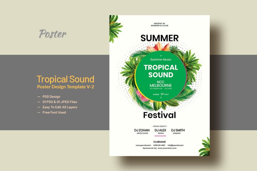 夏日热带音乐派对海报传单模板素材下载Summer Tropical Sound Party Poster Template V 2