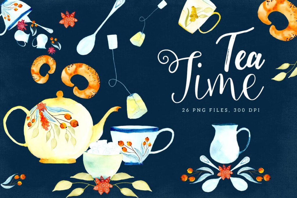 手工茶系列装饰手绘水彩图案纹理插画素材Tea Time JW3HM4