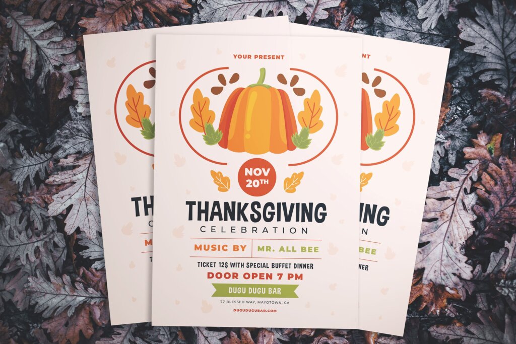 扁平插画风格感恩节庆祝传单海报模板素材Thanksgiving Celebration Flyer插图