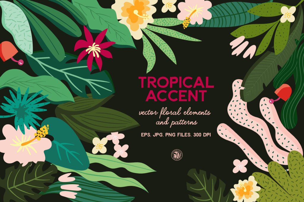 热带风情花卉绿植手工剪纸/抱枕椅子食品包装装饰图案纹理素材Tropical Accent VHVJEN
