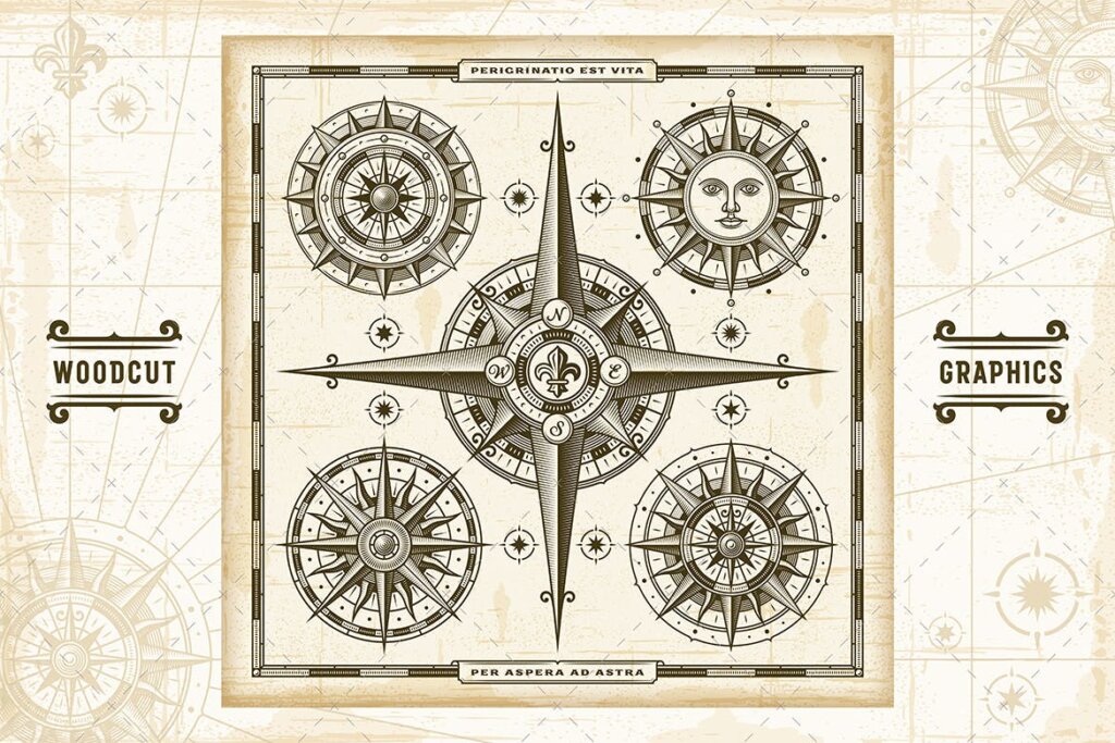 黑白工业风手绘罗盘装饰图案素材Vintage Compass Roses Set