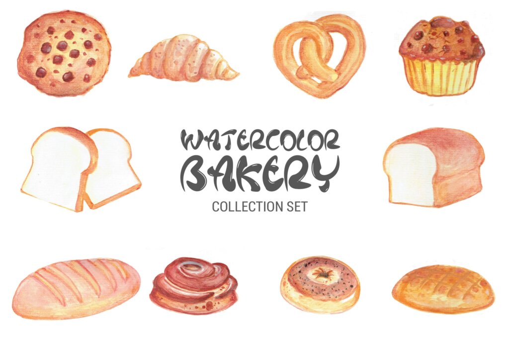 烘焙面包集插画图形水彩剪纸及装饰元素模版下载Watercolor Bakery Set IS