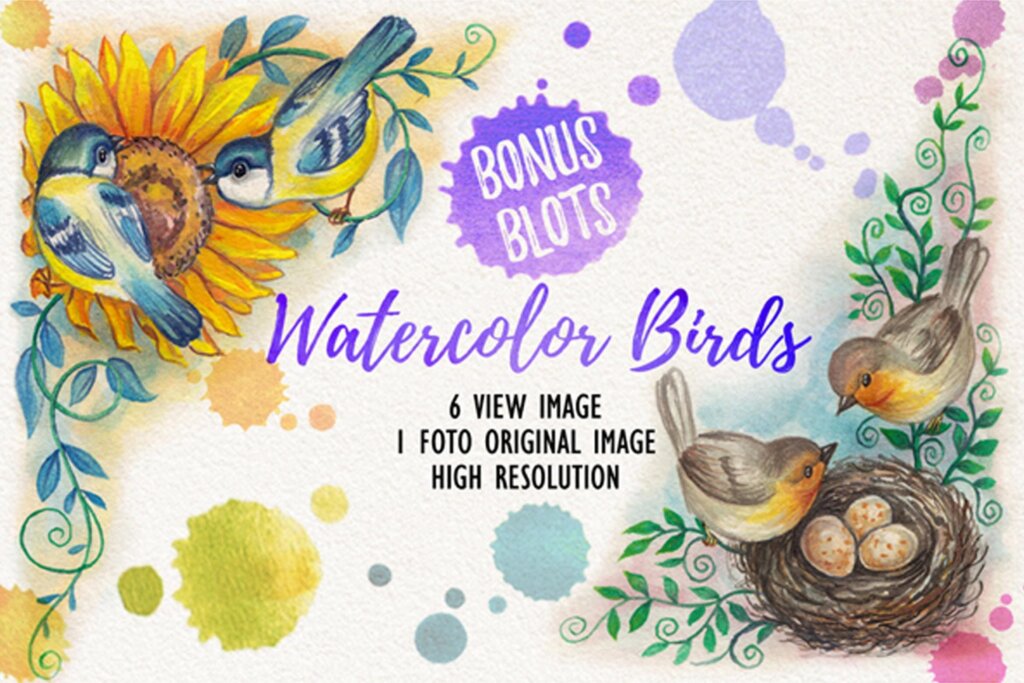 鸟类手绘水彩画插图装饰图案素材下载Watercolor Birds D6W9ME