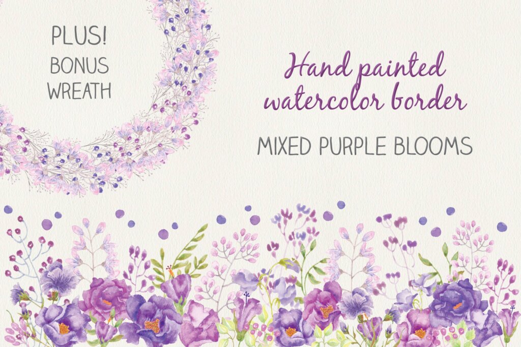 淡紫色和紫罗兰花手绘水彩画花卉装饰图案纹理素材Watercolor Border in Mixed Purple Blooms