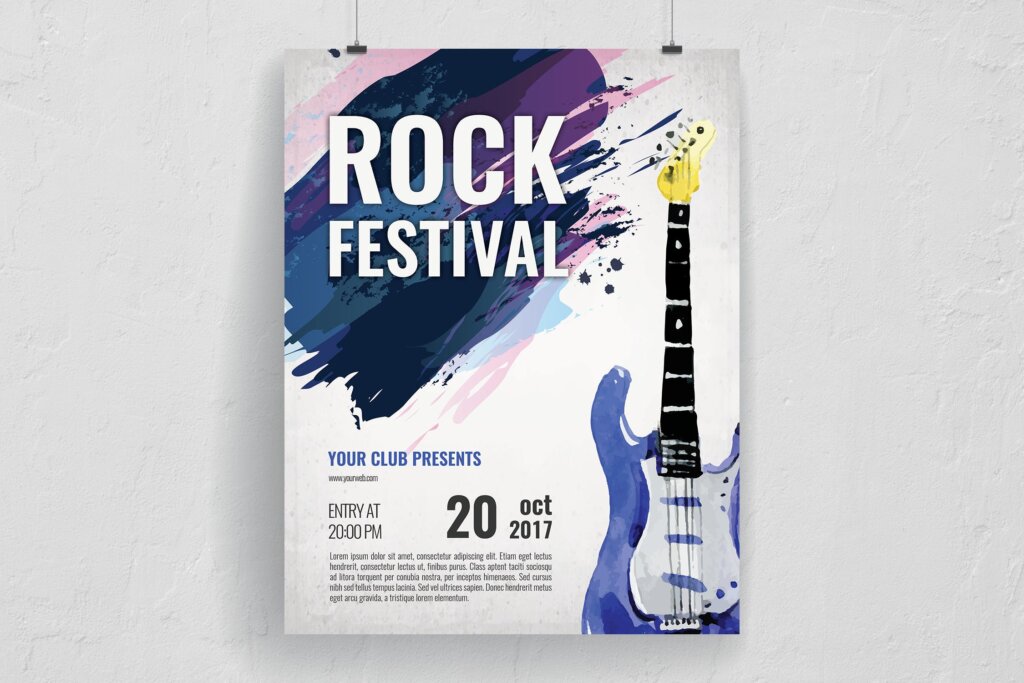 音乐互动派对传单海报模版素材Watercolor Brushed Rock Festival Flyer