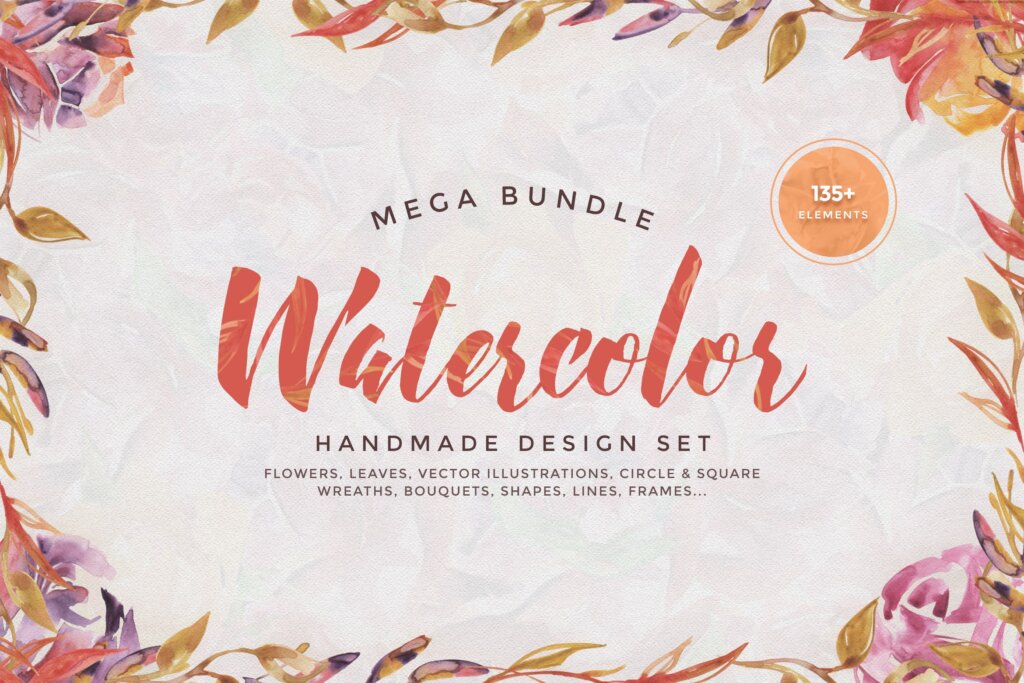 婚礼品牌包装图案纹理/品牌包装盒装饰图案纹理素材Watercolor Handmade Design Bundle
