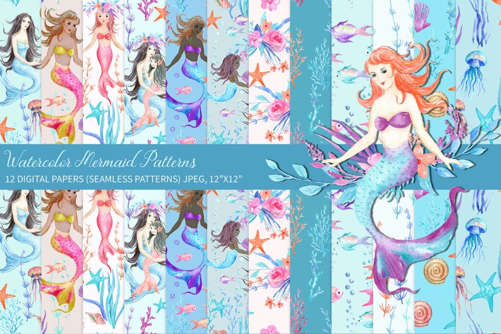 水彩美人鱼图案窗帘装饰图案纹理素材模版下载Watercolor Mermaid Digital Paper